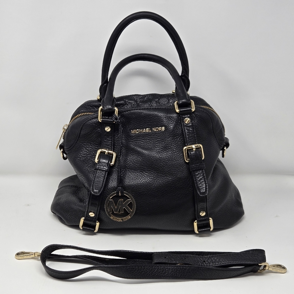 Michael Kors Bedford Bowling Medium Black Leather Satchel Bag Crossbody Strap